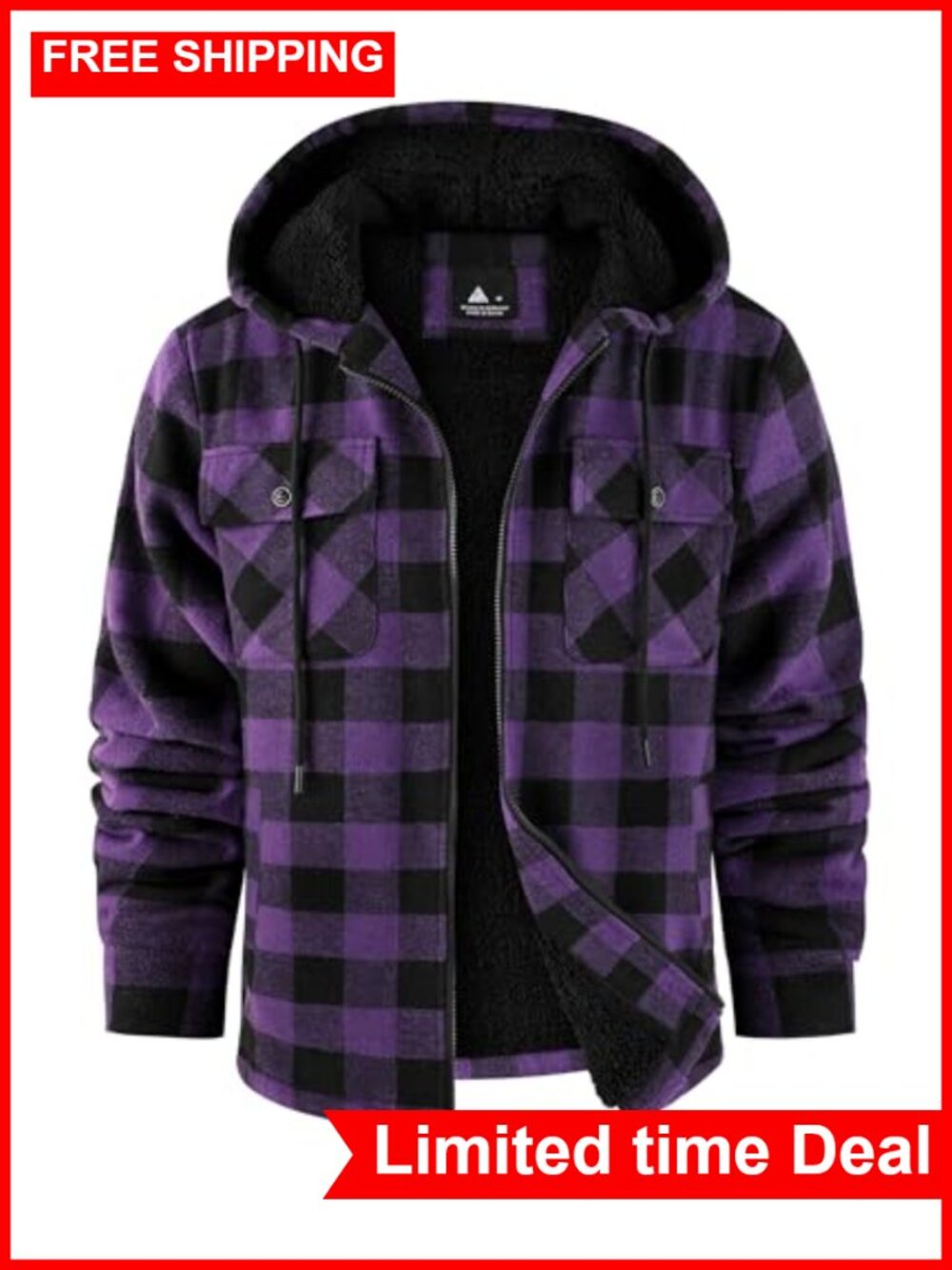 Men's Plaid Flannel Sherpa Lined Fleece Hooded Jacket Zip Up Coat